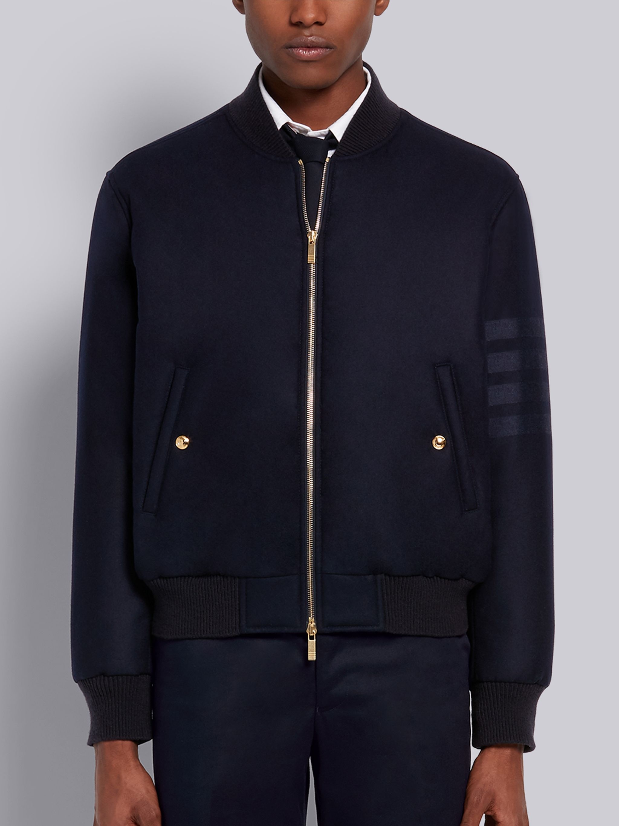 Navy Tech Down Wool Flannel Tonal 4-Bar Relaxed Blouson Jacket - 1