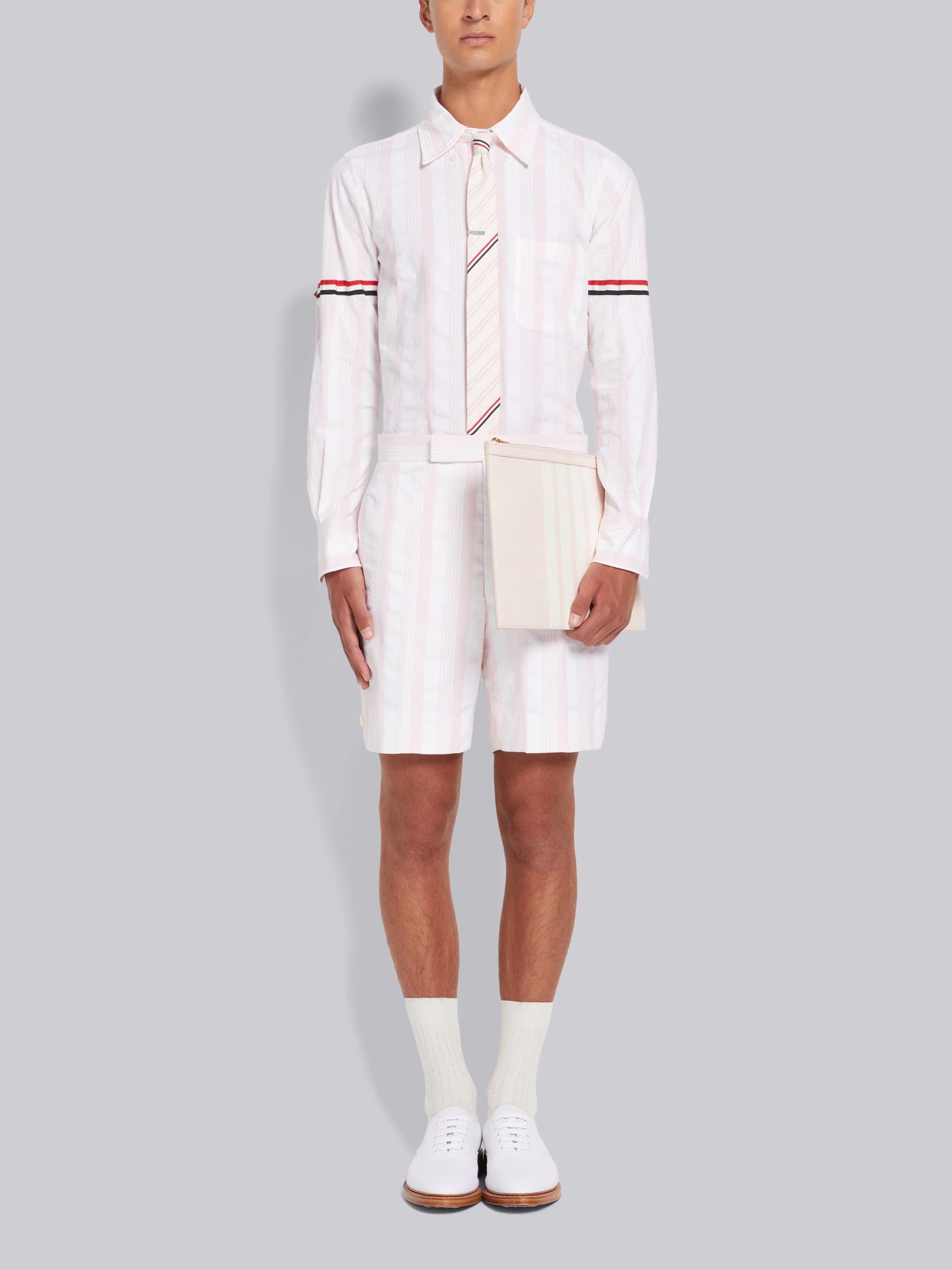 Light Pink Stripe Seersucker Stripe Grosgrain Armband Straight Fit Shirt - 5