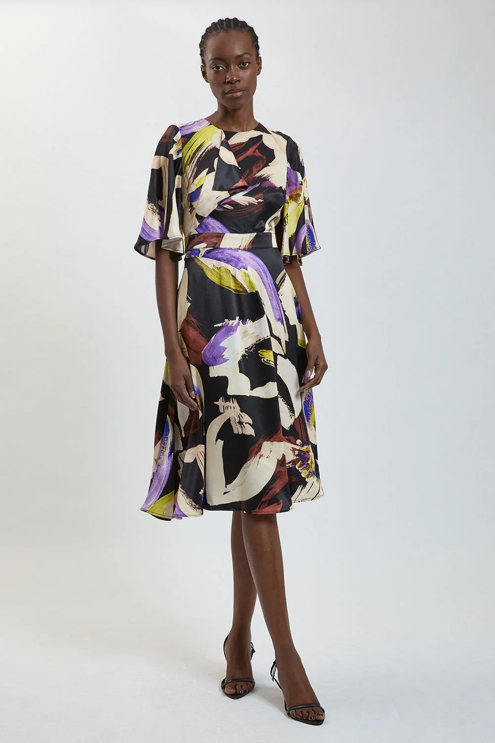 Viscose Satin Crepe Printed Ruffle Detail Midi Dress - 1
