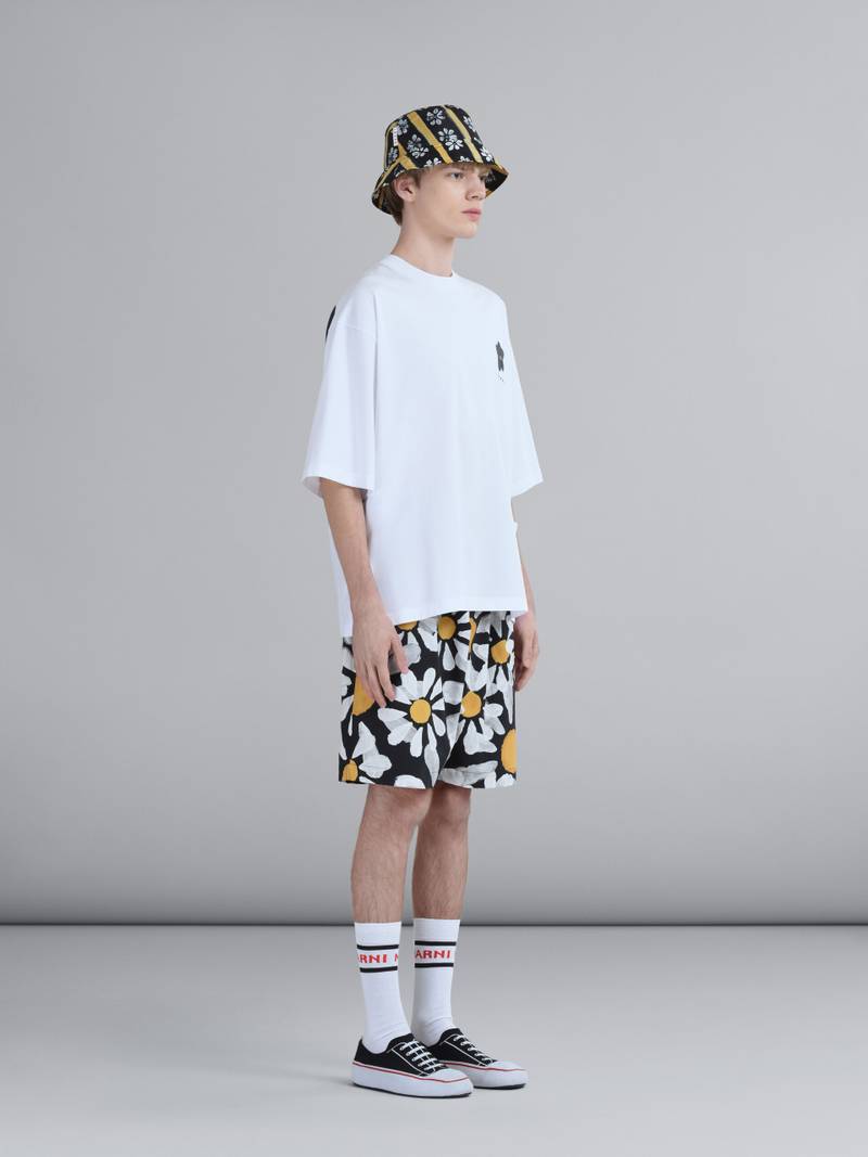 BLACK DAISY PRINT WHITE JERSEY CREWNECK T-SHIRT 5