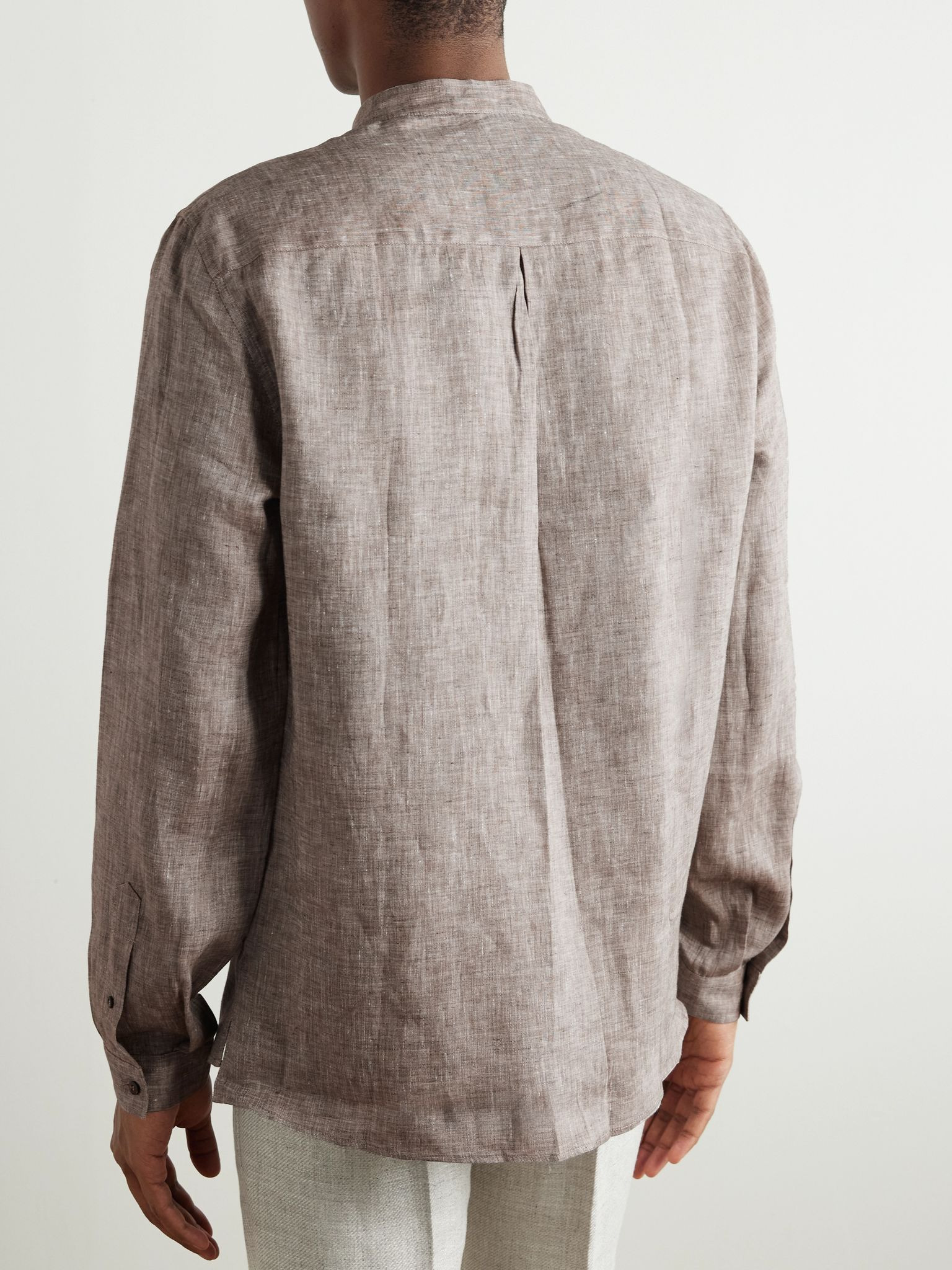 Grandad-Collar Linen Shirt Brown - 4