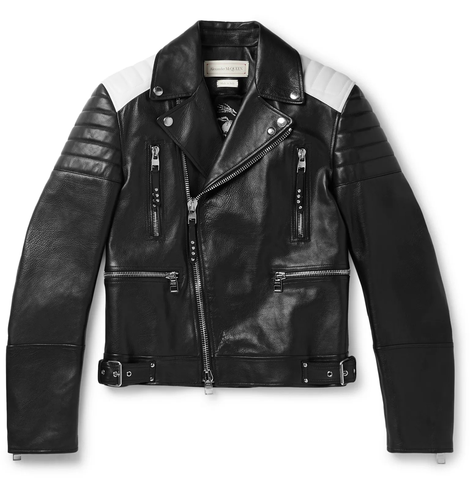 Color-Block Full-Grain Leather Biker Jacket - 1