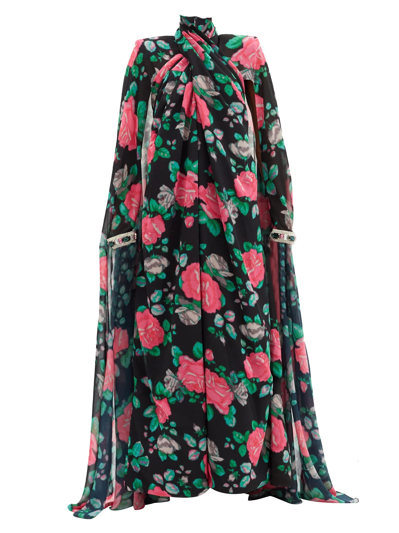 Rose cape-sleeve floral-print chiffon gown - 1