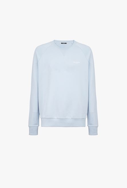 Pale blue eco-designed cotton sweatshirt with small flocked white Balmain Paris logo - 1