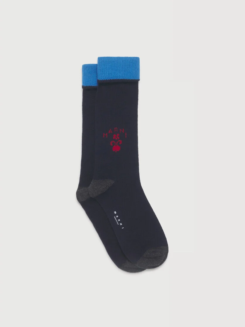 DEEP BLUE WOOL-CASHMERE SOCKS WITH CREST LOGO - 1