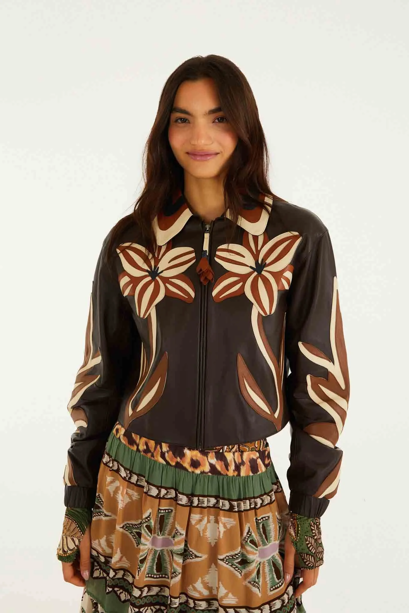 Brown Flower Cutwork Collared Leather Jacket - 1