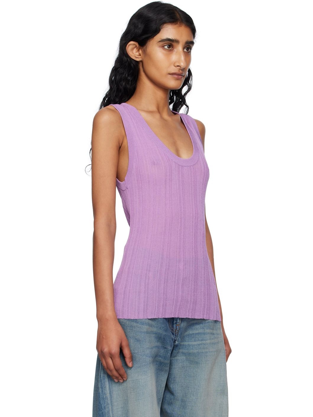 Purple Ribbed Knit Tank Top - 2