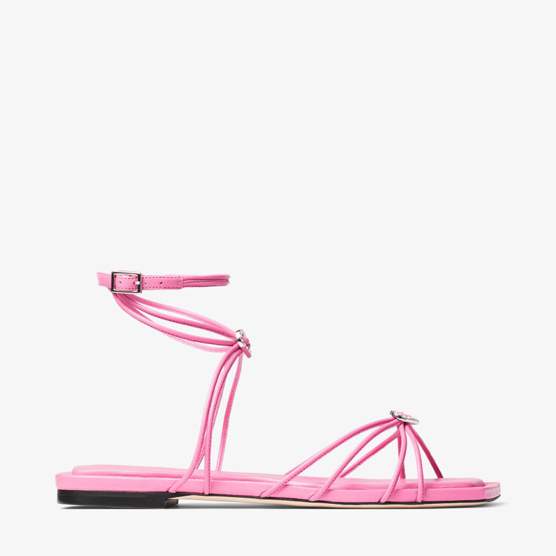 Indiya Flat Candy Pink Nappa Leather Flat Sandals with Crystal Hearts 1
