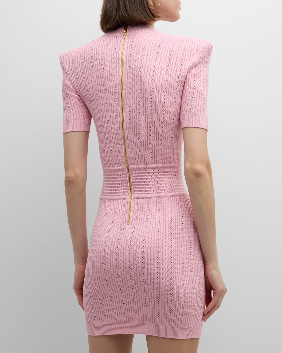 V-Neck Short-Sleeve Strong-Shoulder Pointelle Knit Mini Dress - 6