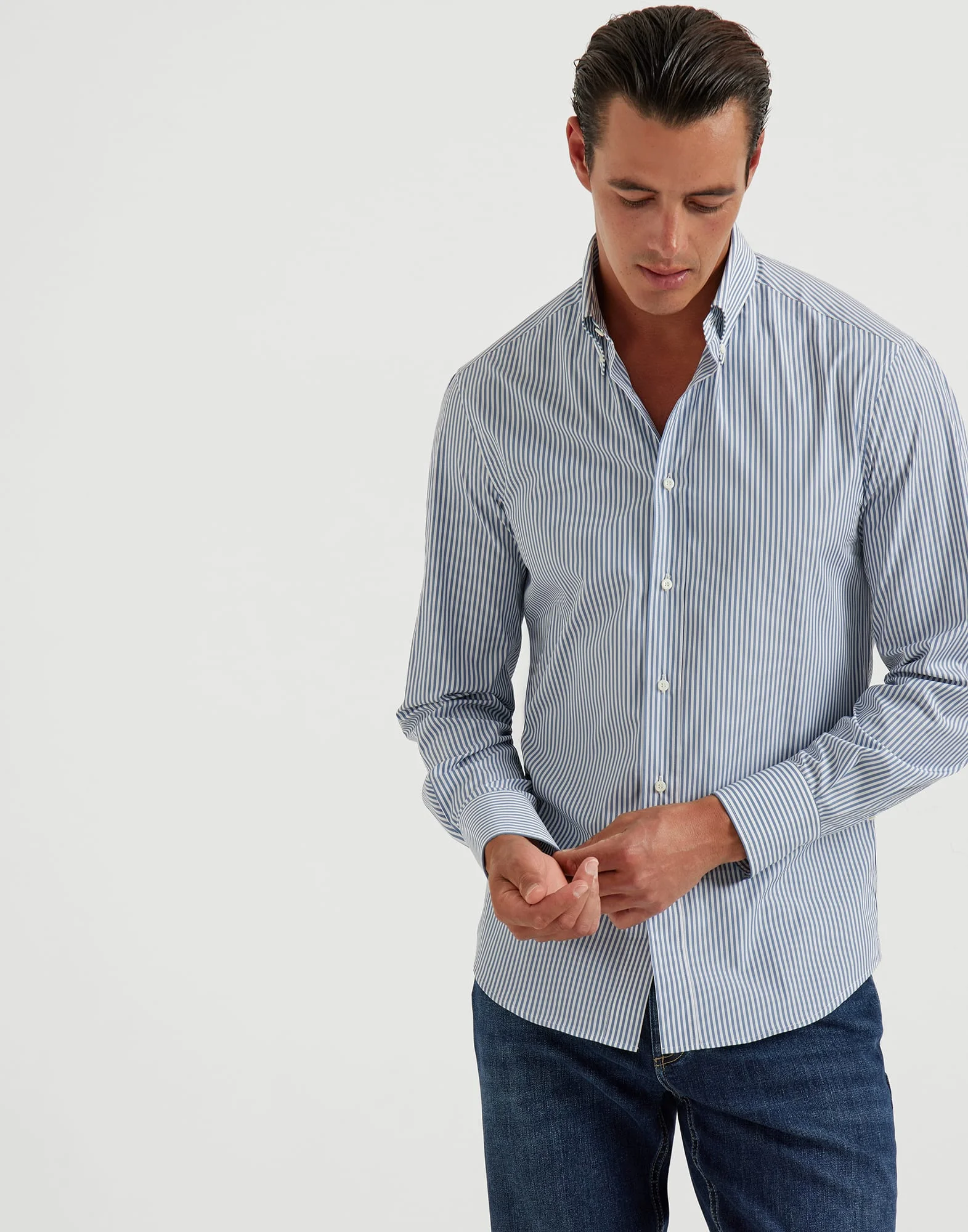 Striped poplin slim fit shirt with button-down collar - 1