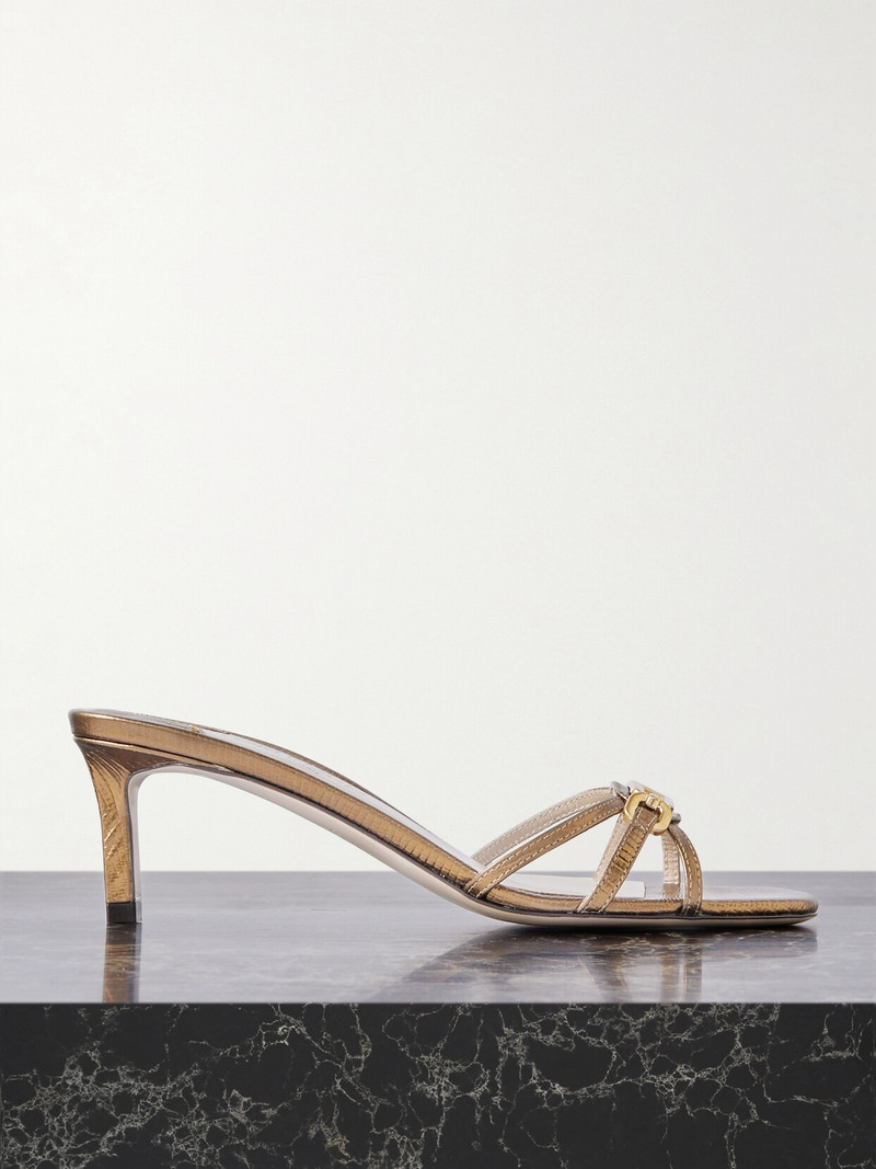 Embellished Lizard-effect Metallic Leather Mules 1