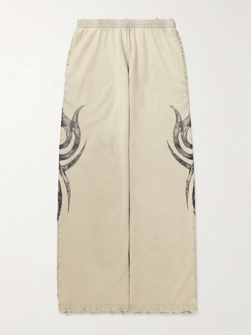 Wide-Leg Distressed Printed Cotton-Jersey Sweatpants 1