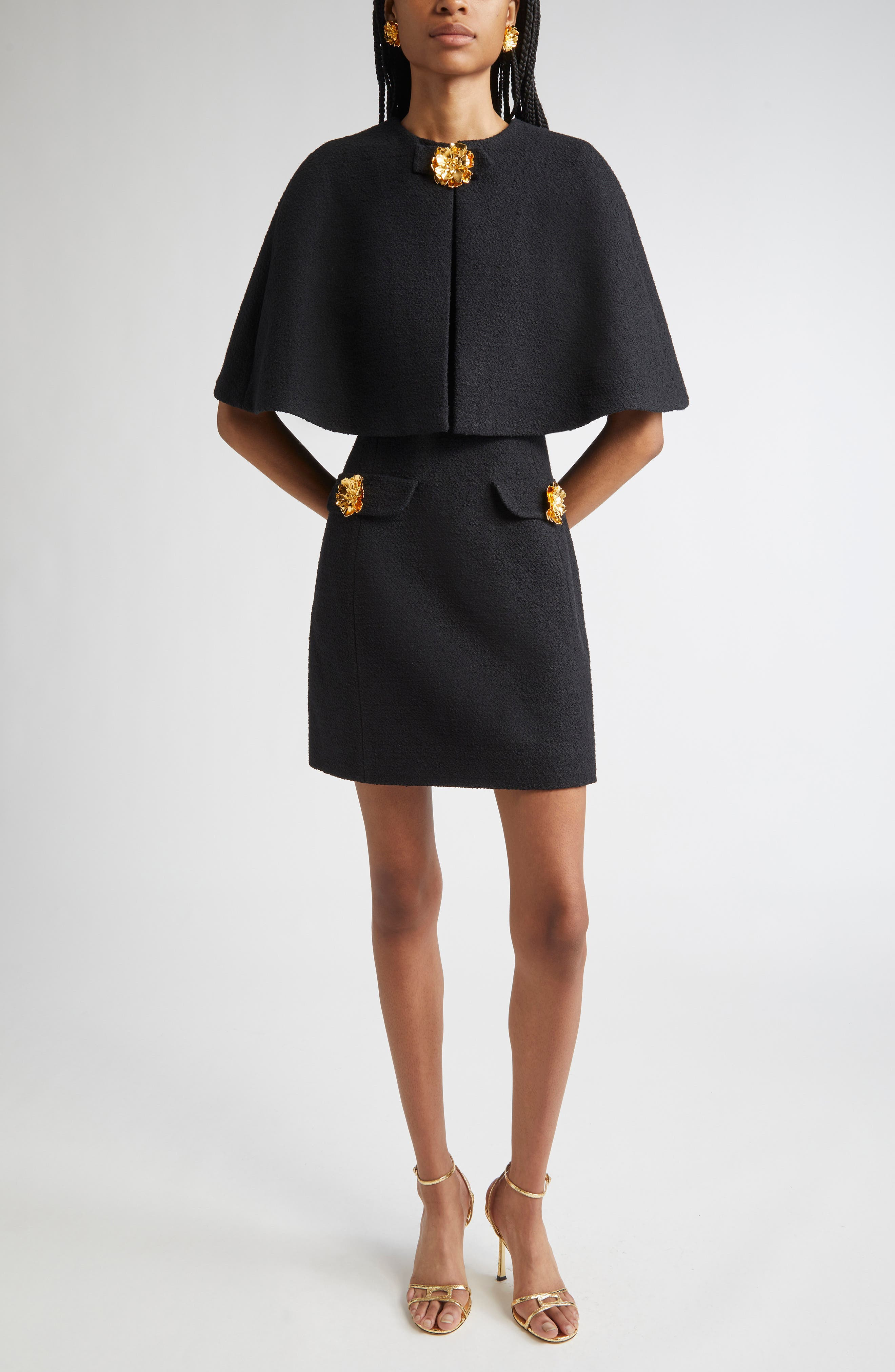 Oscar de la Renta Peony Detail Tweed Crop Cape in Black at Nordstrom - 2