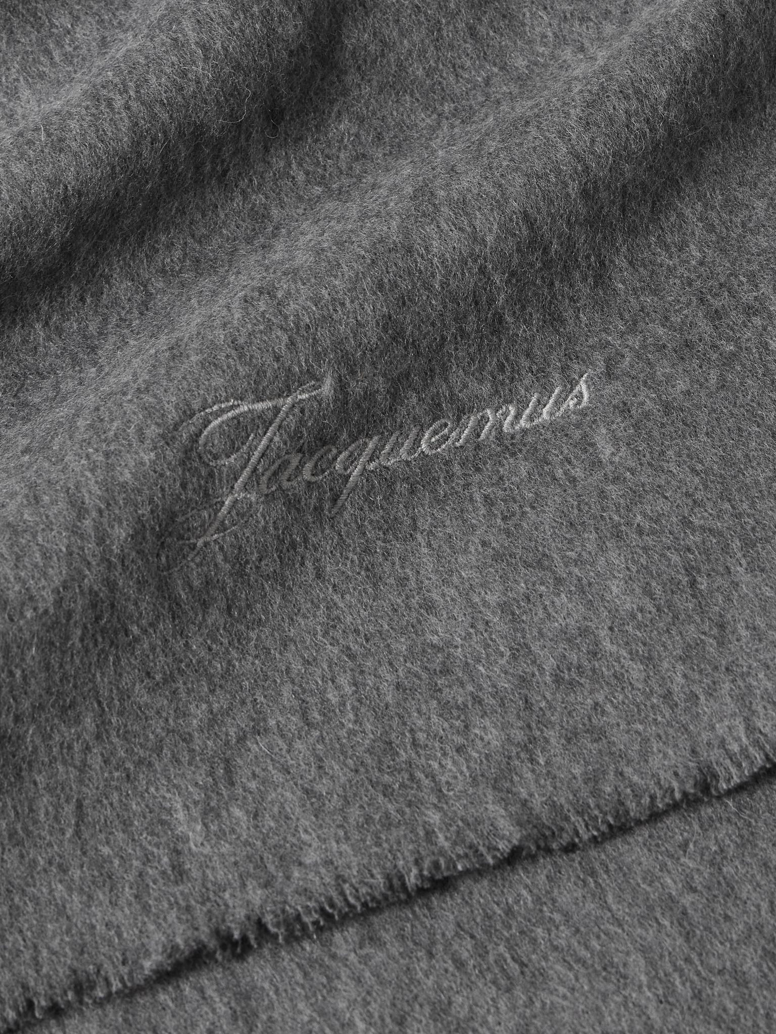 Frayed embroidered wool and cashmere-blend scarf Gray - 3