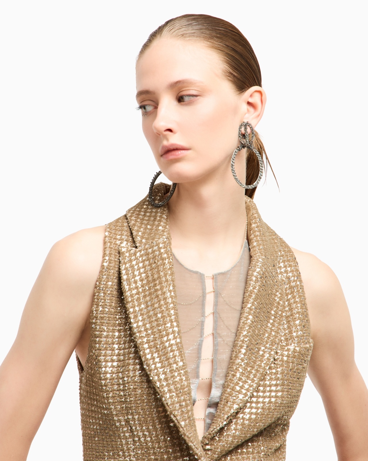 LONG JERSEY WAISTCOAT WITH A FLOCKED PRINT AND SEQUINS - 5