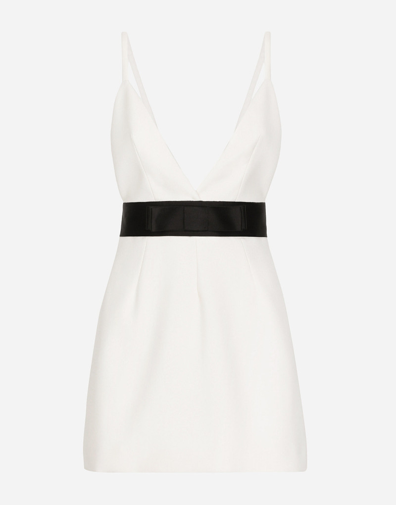 Short woolen dress with satin belt and straps 1
