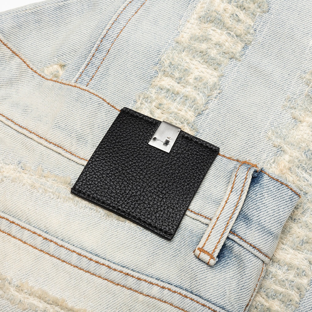DESTROYED EMBROIDERY JEAN - TAN DENIM BLUE - 5