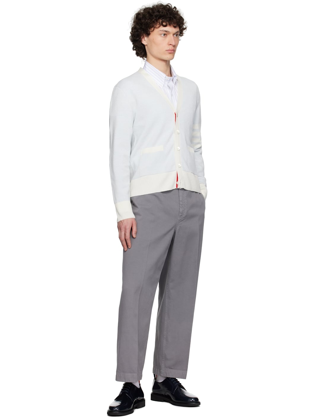 Blue Linen Cotton 4-Bar Relaxed Fit Cardigan - 4