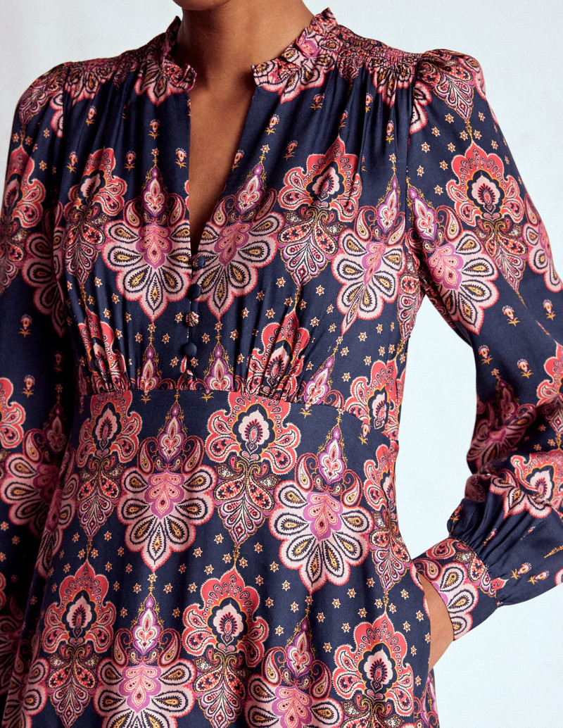 Cassie Smocked Tea Dress-Navy, Embellished Paisley 3