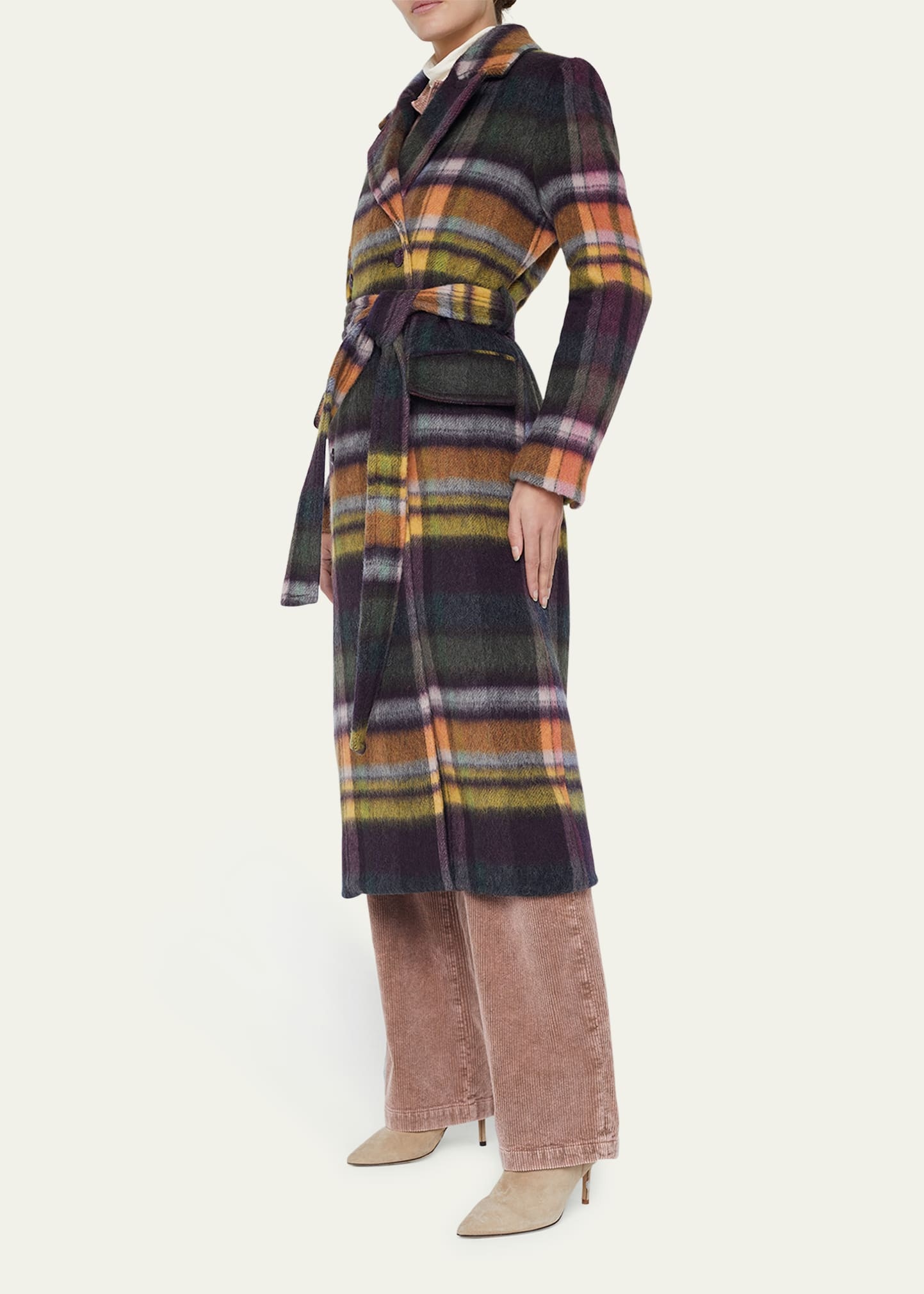 Olina Belted Plaid Trench Coat - 4