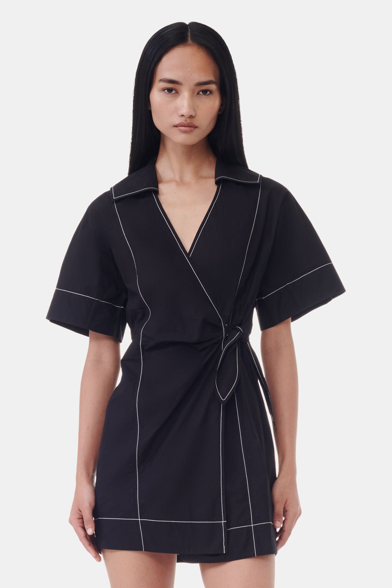 BLACK COTTON POPLIN WRAP MINI DRESS - 3