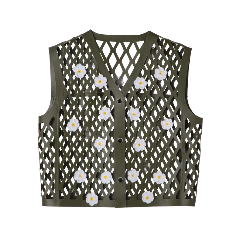 Sleeveless cardigan Khaki - Leather 1