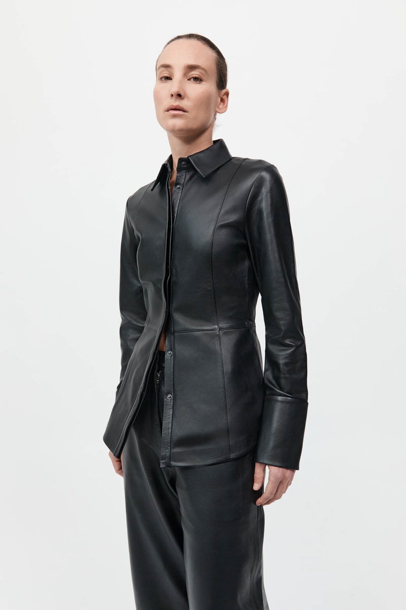 Leather Panelled Shirt - Black - 3
