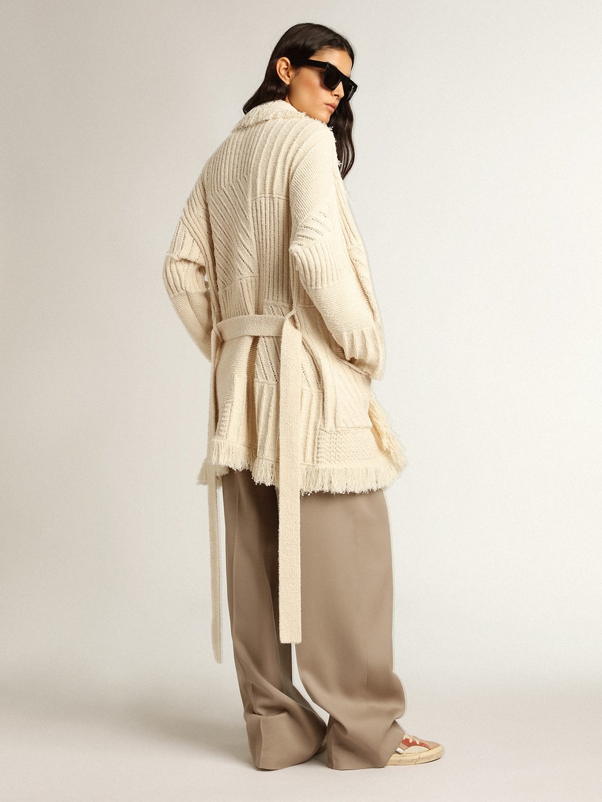 Belted cardigan in papyrus-colored cotton - 4