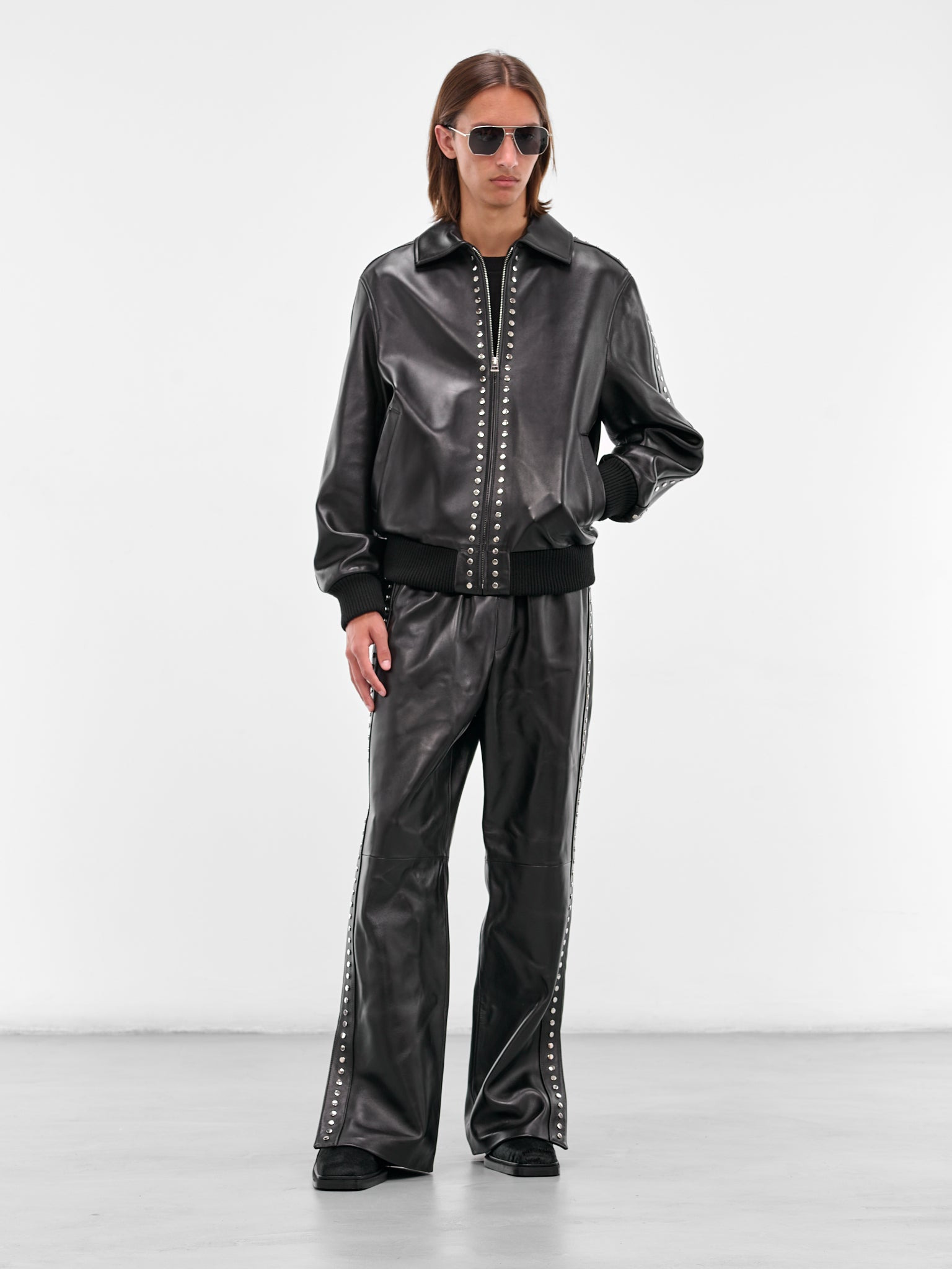 Black Studded Lambskin Elasticated Pants - 6