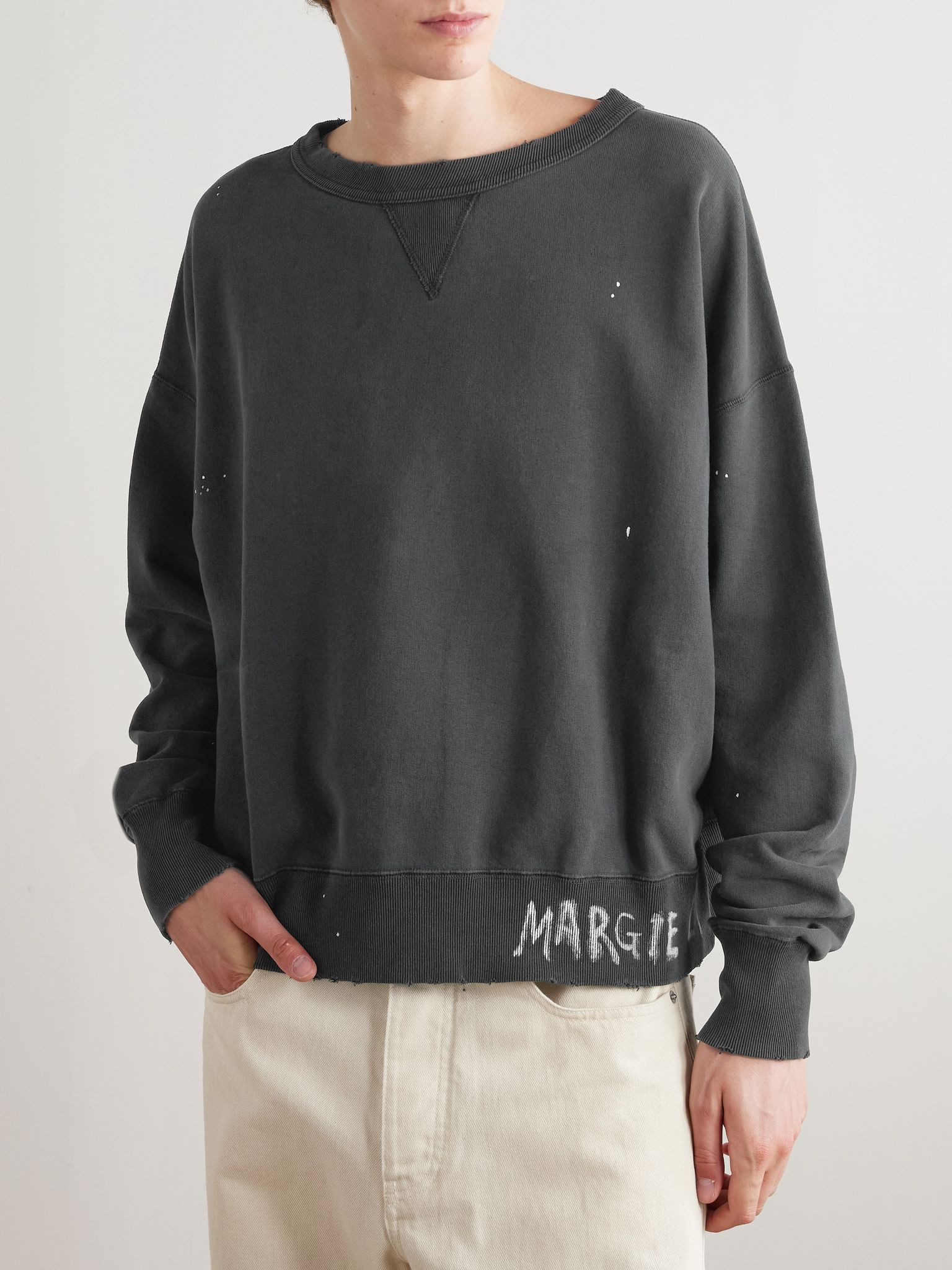 Cropped Paint-Splattered Cotton-Jersey Sweatshirt Black - 3
