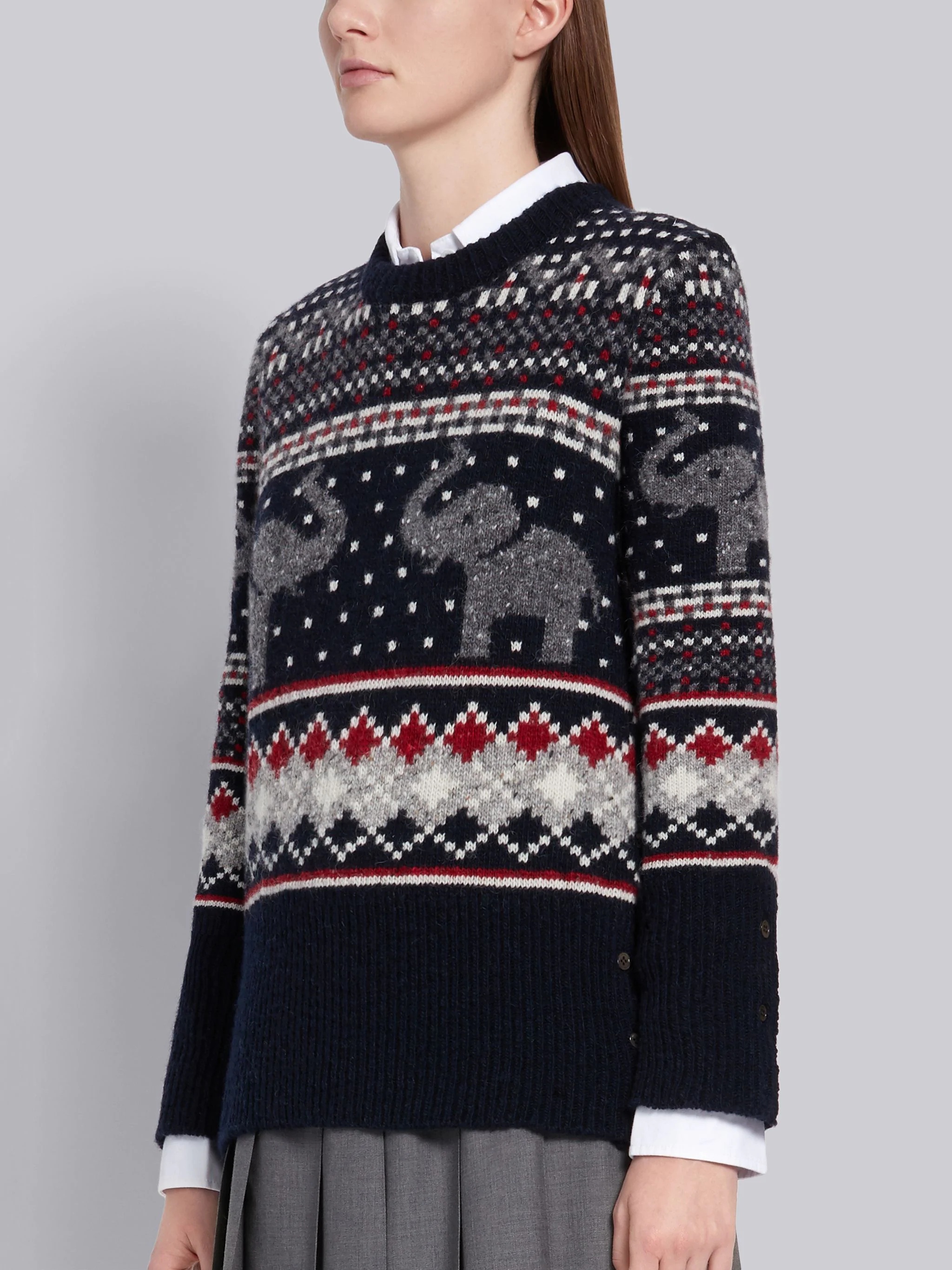 Navy Mohair Wool Elephant Icon Fair Isle Crewneck Pullover - 2