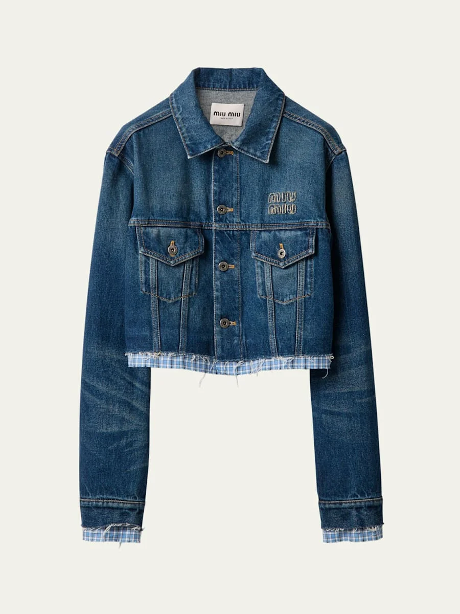 Cropped Denim Button Down Raw-Cut Jacket - 1