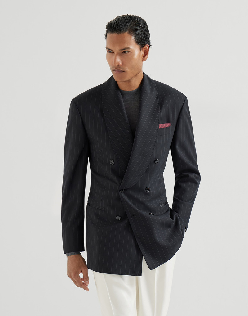 Super 150s virgin wool chalk stripe one-and-a-half breasted tuxedo jacket with shawl lapels 2