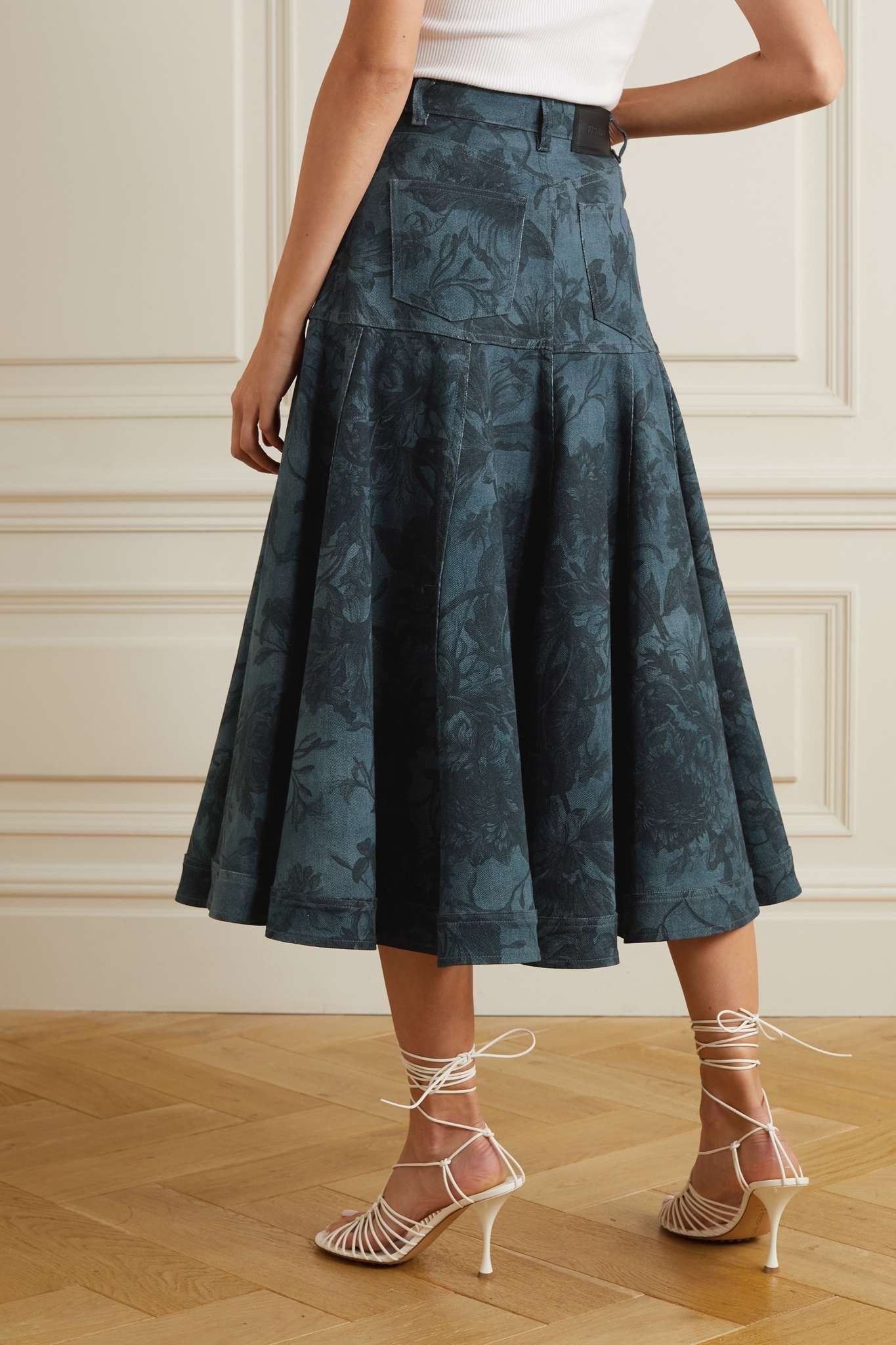 Lacey floral-print denim midi skirt - 3
