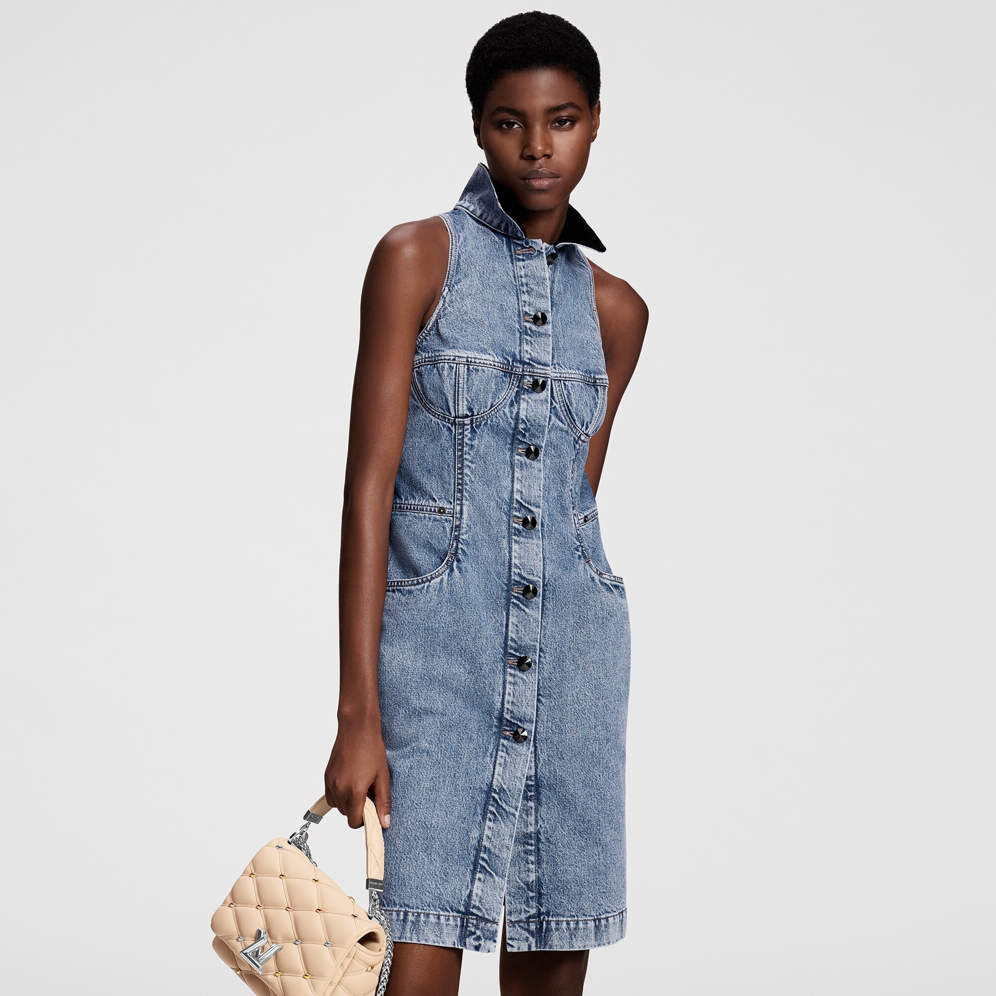 Velvet Accent Denim Dress - 5