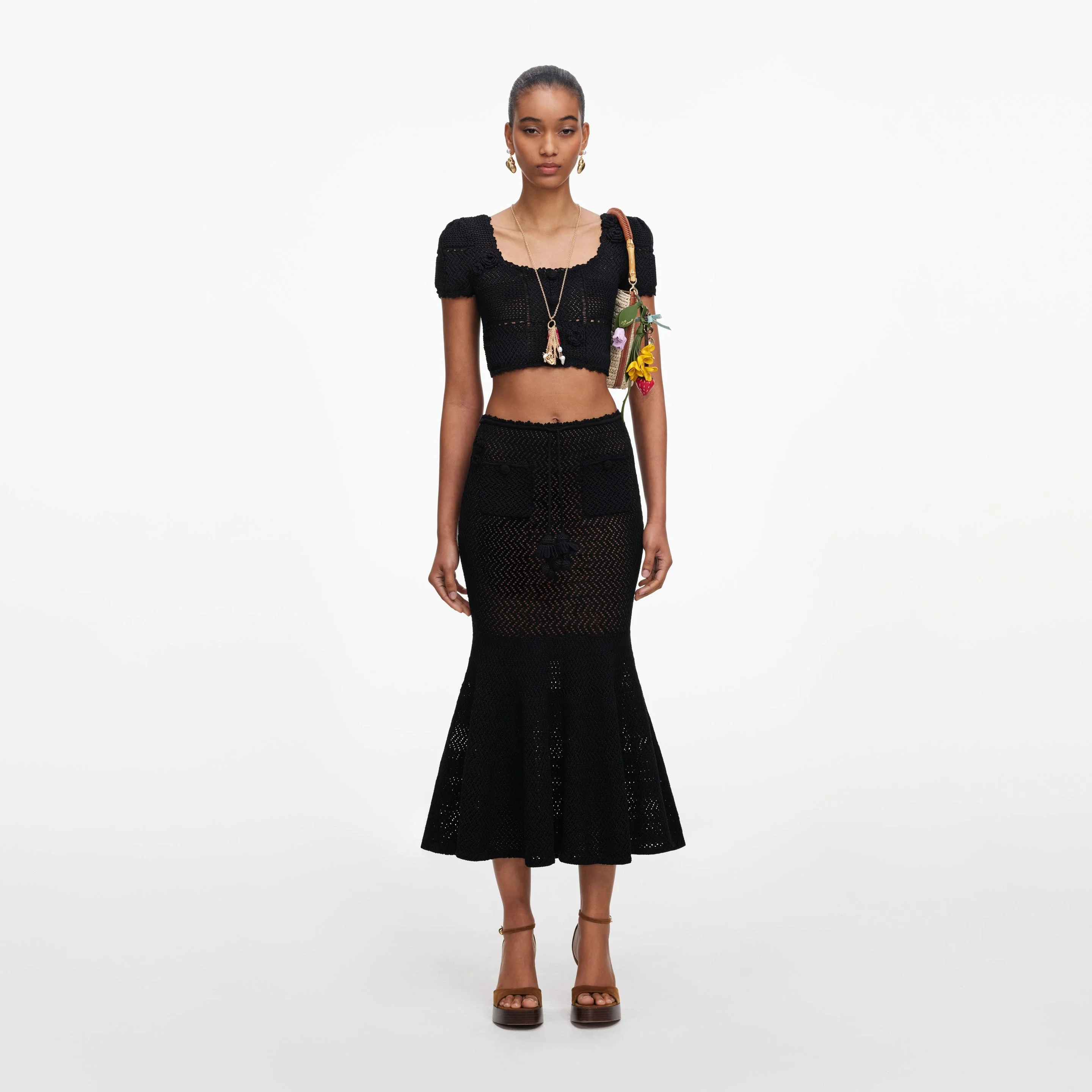 Black Crochet Knit Midi Skirt - 1
