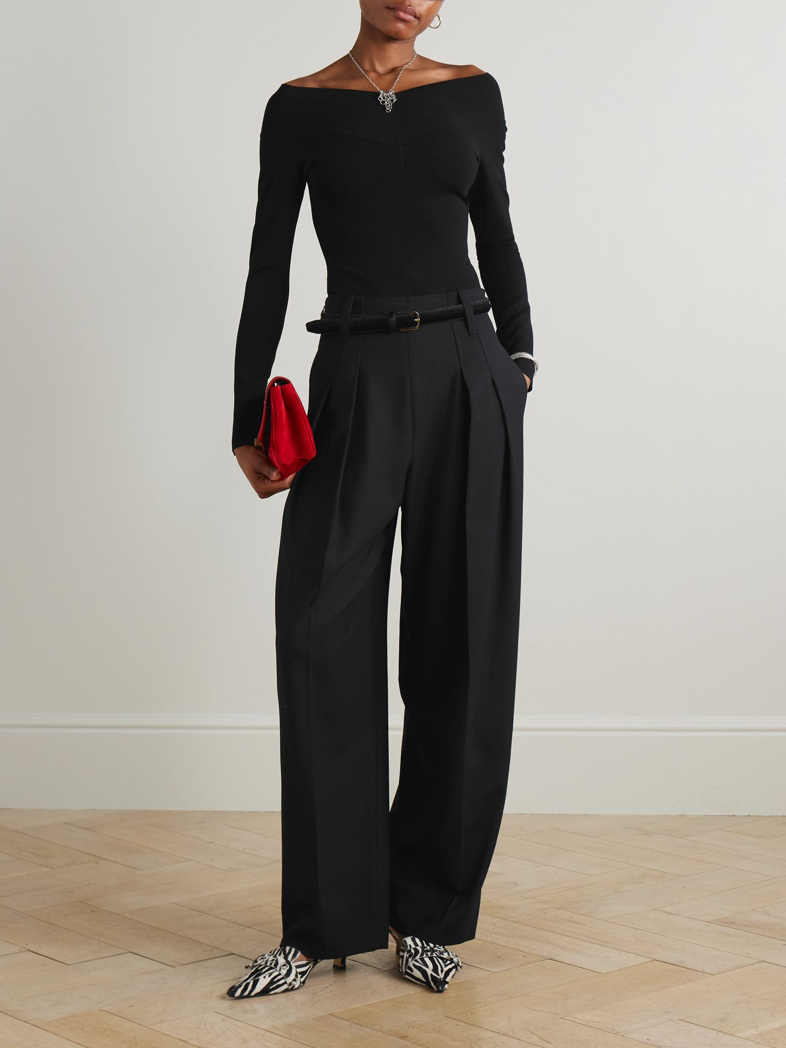 Cinch pleated twill wide-leg pants Black - 2