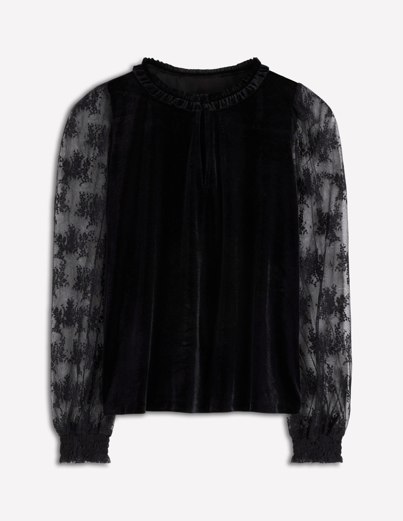 Mixed Media Puff Velvet Top-Black 1