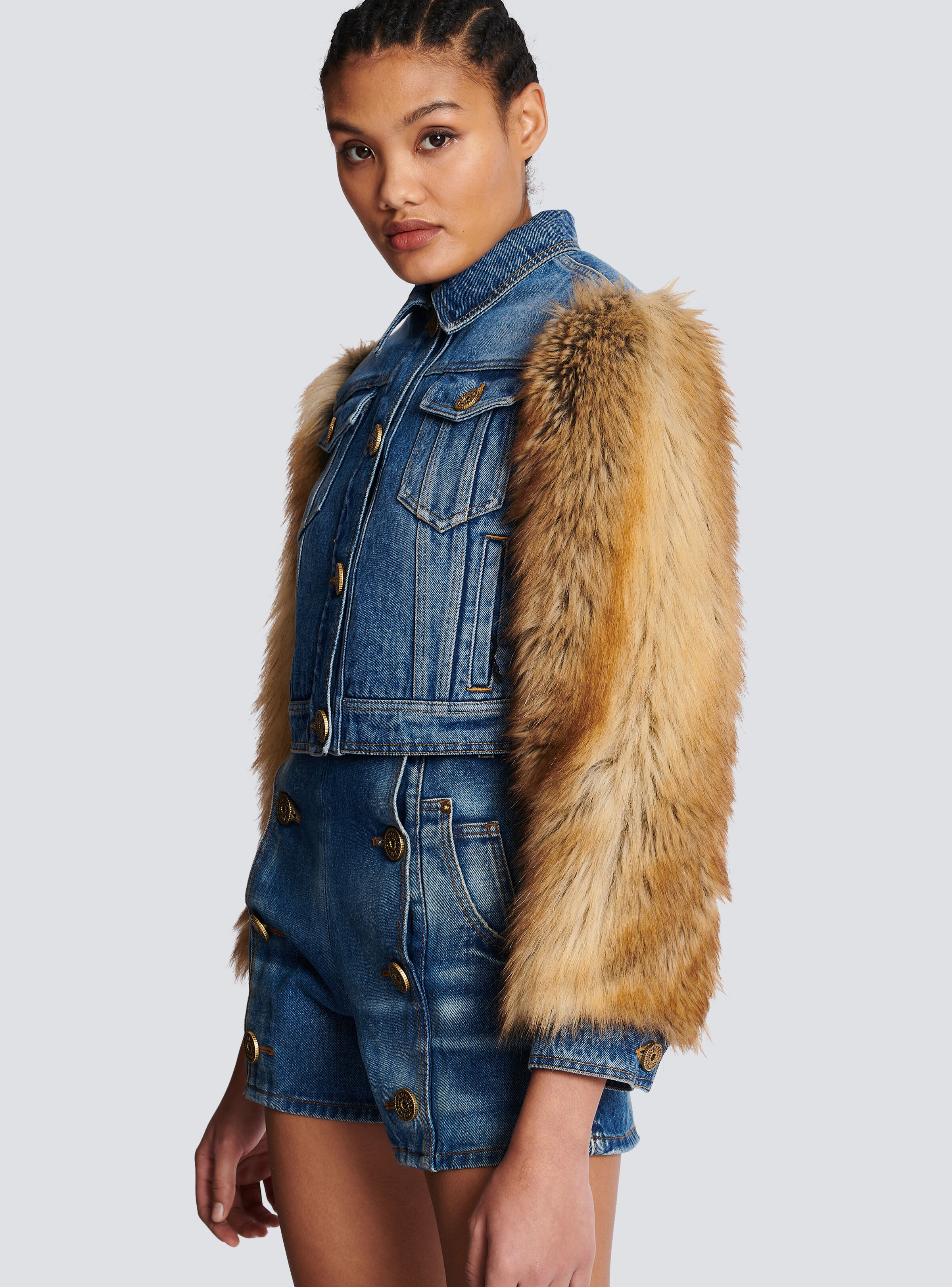 Denim and faux fur jacket - 6