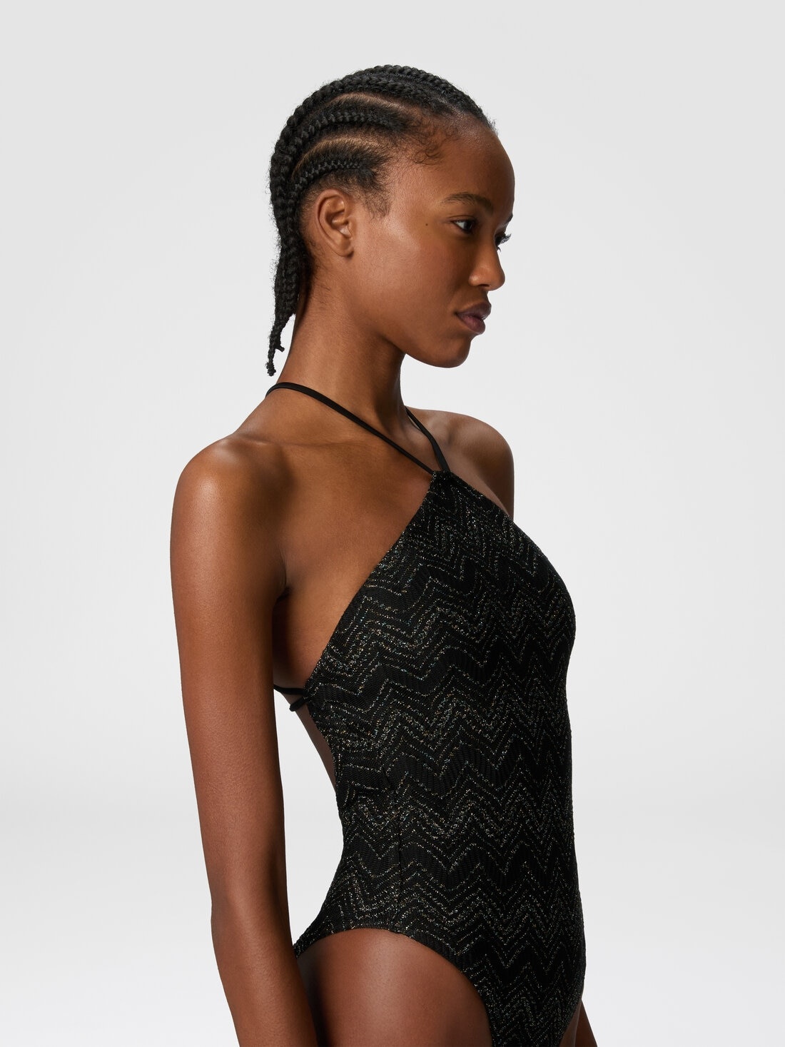 Zig zag lamé viscose one-piece swimsuit with halter neck - 4
