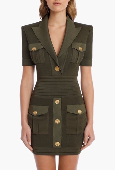 Short olive green viscose dress with gold-tone buttons - 5