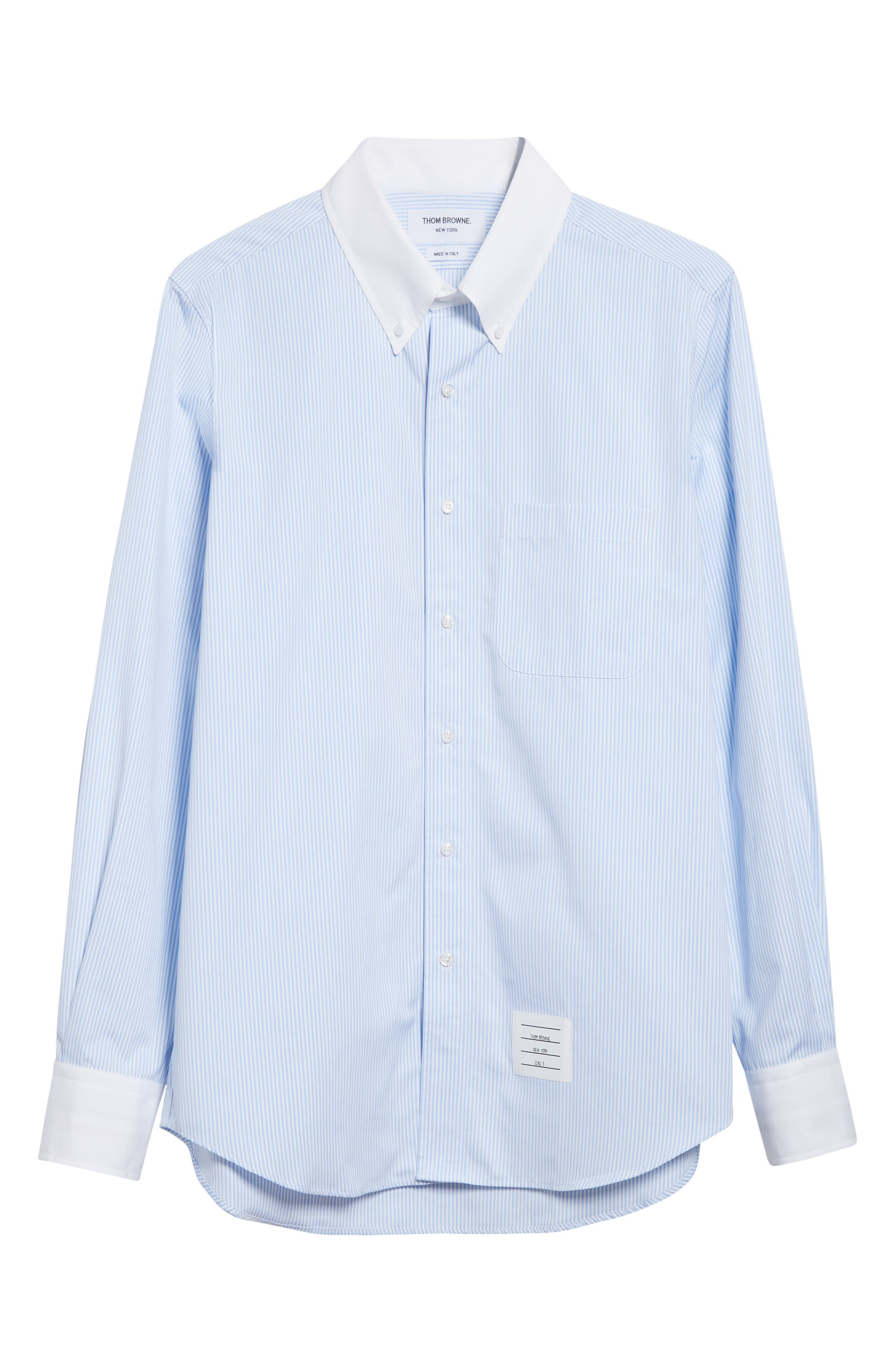 Thom Browne Micro University Stripe Straight Fit Cotton Poplin Button-Down Shirt in Light Blue at No - 5