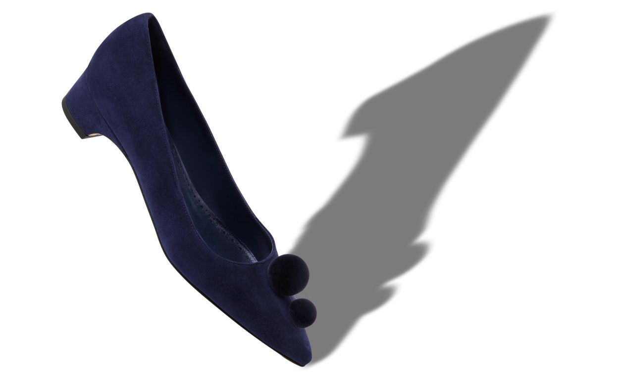 Navy Blue Suede Pom Pom Detail Pumps - 2