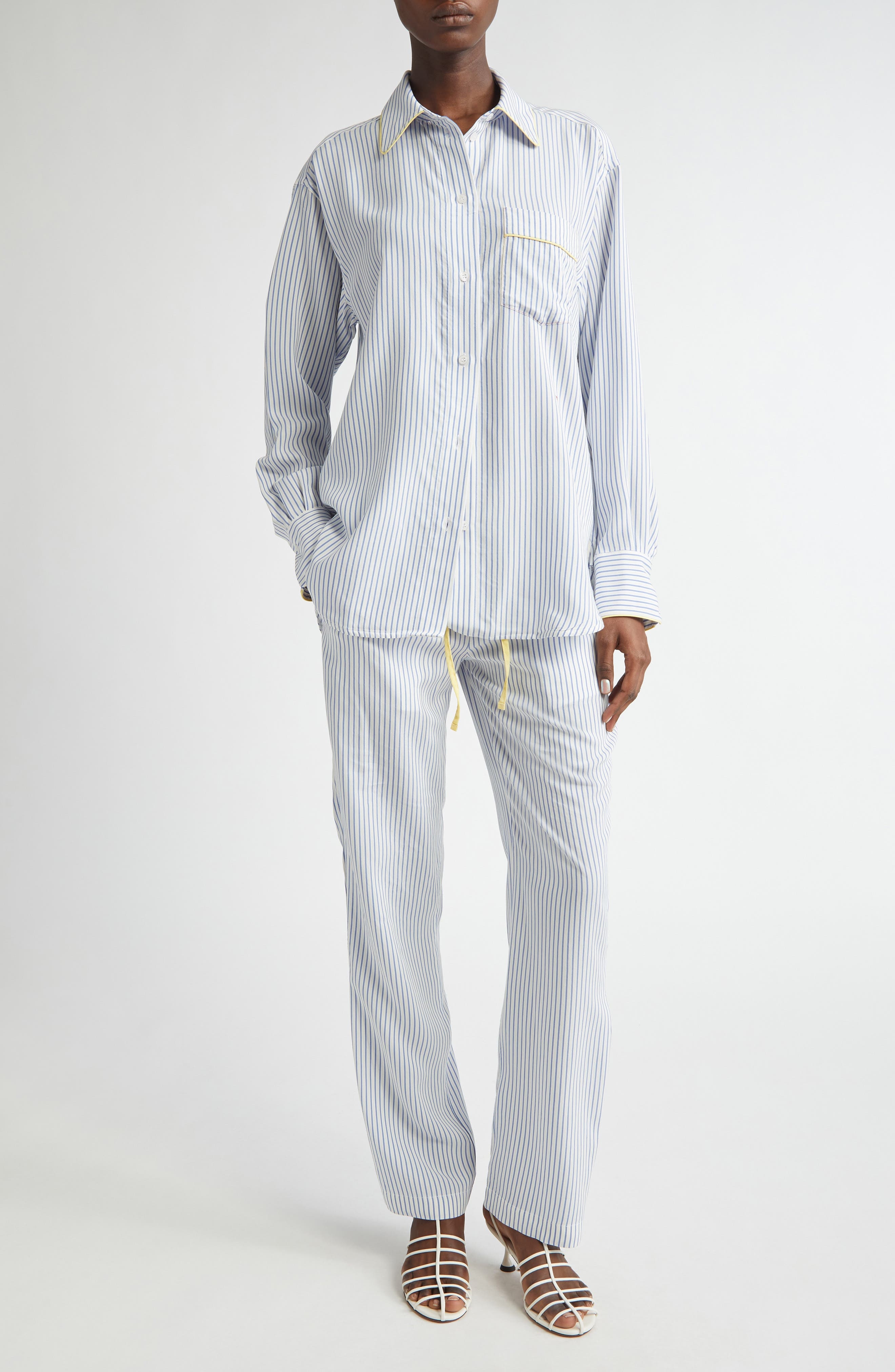 Victoria Beckham Pleat Detail Stripe Pajama Trousers in White /Regatta /Ice Lemon at Nordstrom - 2
