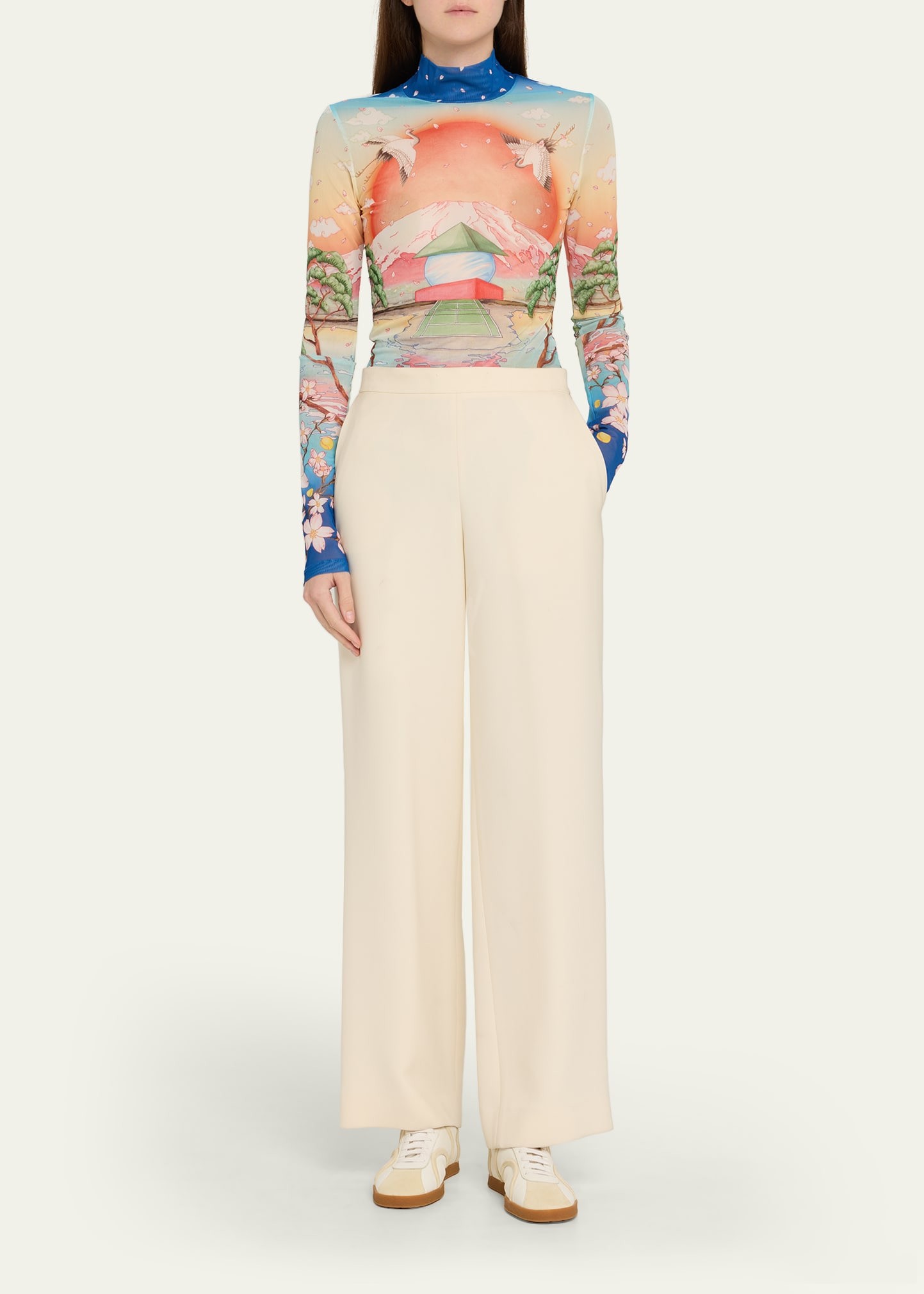 Mock-Neck Printed Mesh Long-Sleeve Top - 2