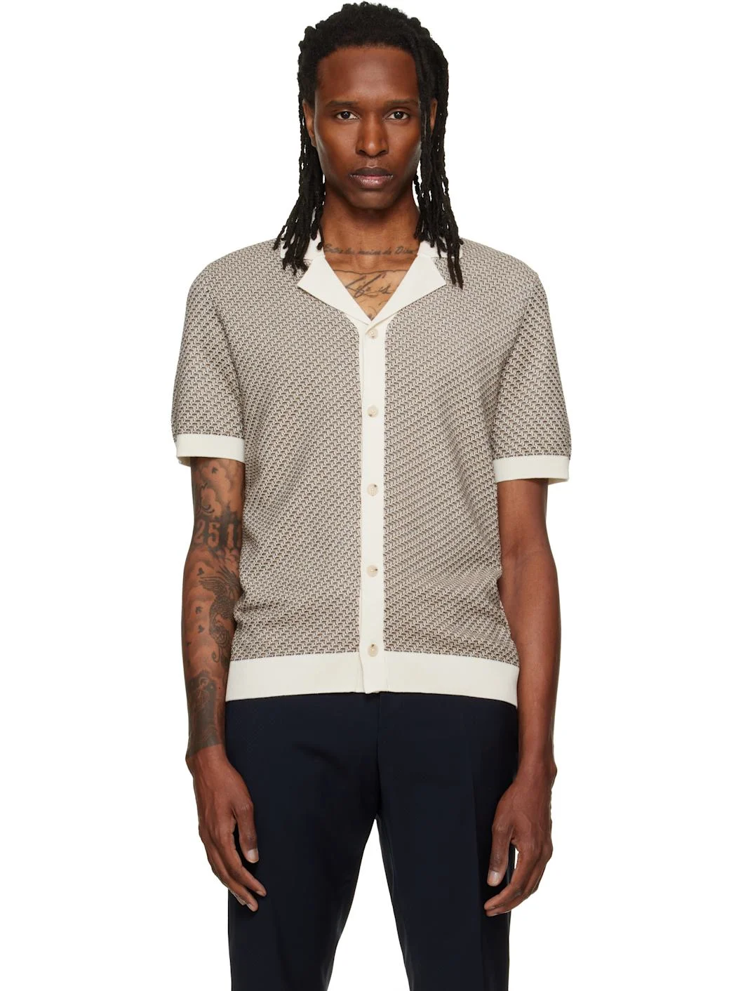 Tan Knit Short Sleeve Cardigan Shirt - 1
