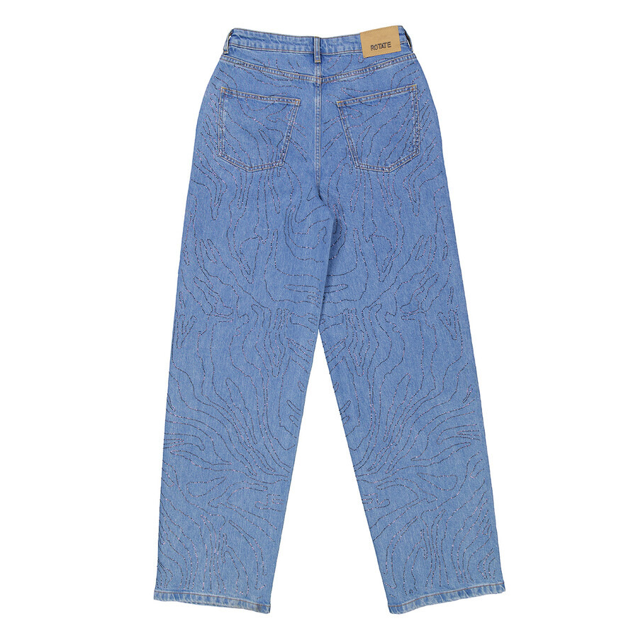 Rotate Ladies Light Blue Denim Rhinestone Wide Leg Jeans - 6