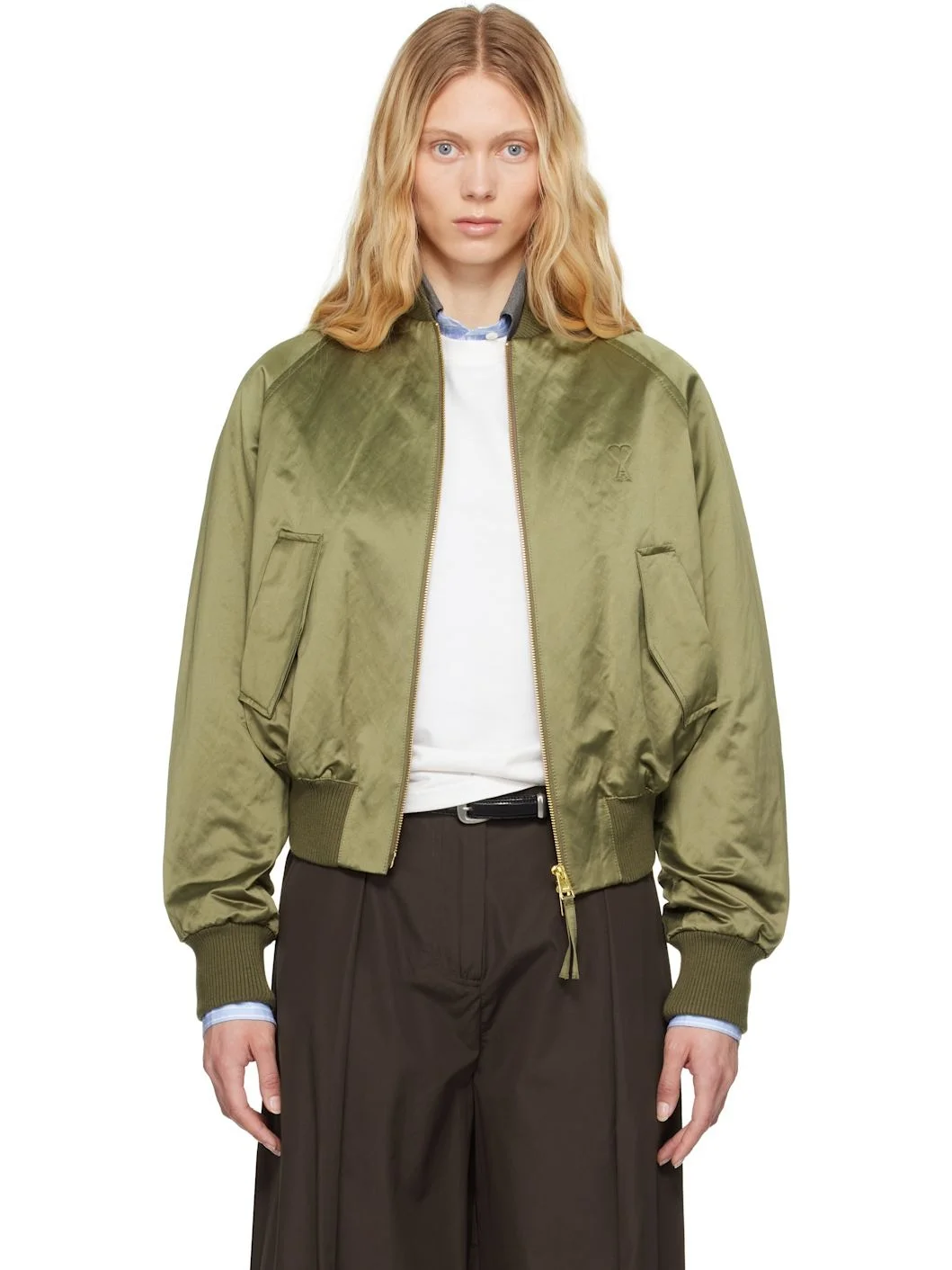 Green Cotton Satin Ami de Coeur Bomber Jacket - 1