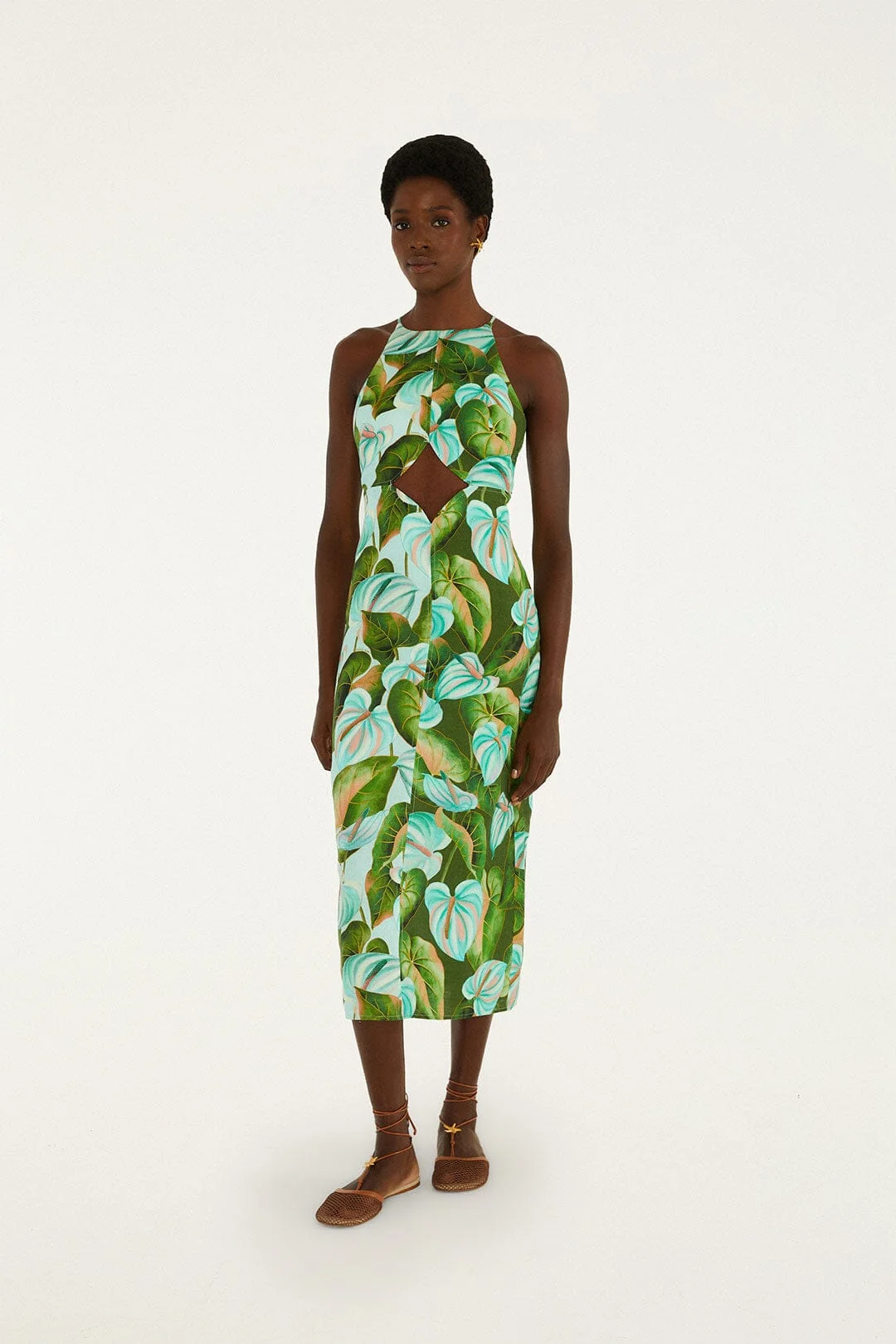 Green Anthurium Leaves Cut-Out Euroflax Premium Linen Midi Dress - 1