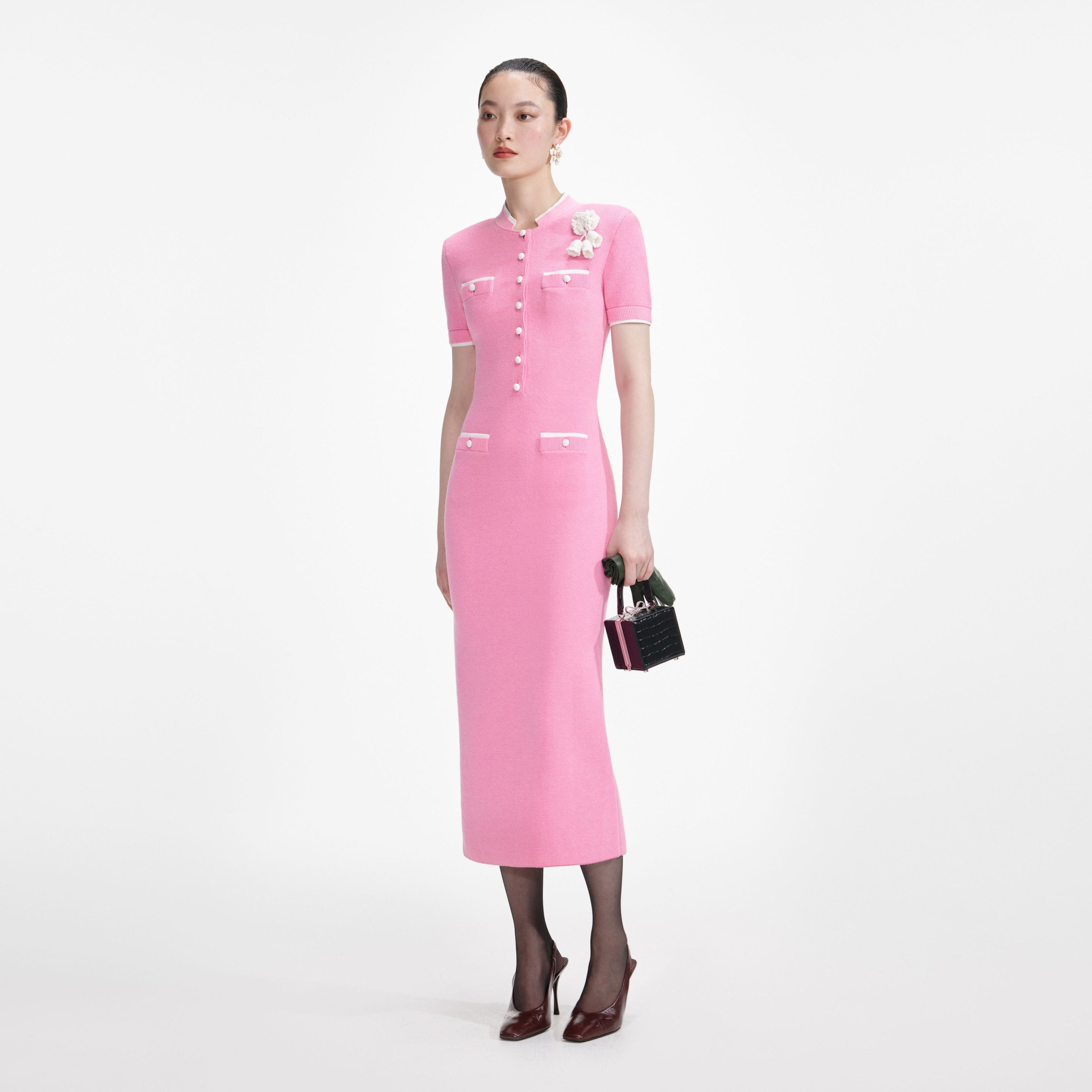 Pink Crochet Flower Knit Midi Dress - 2